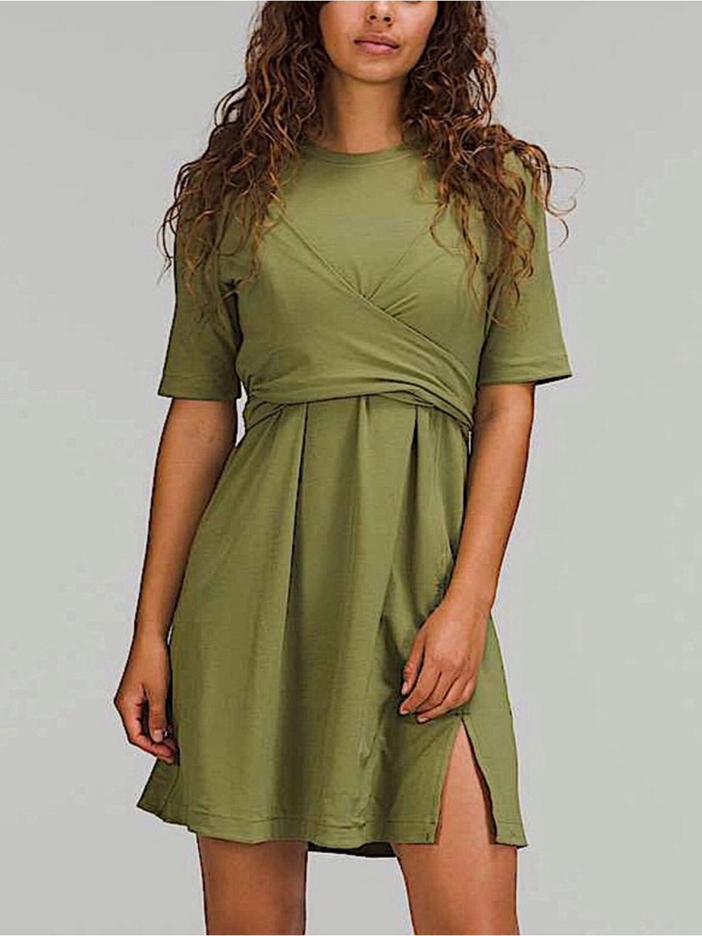 NWT Lululemon Pima Cotton Wrap-Front Bronze Green T-Shirt Dress Size 6